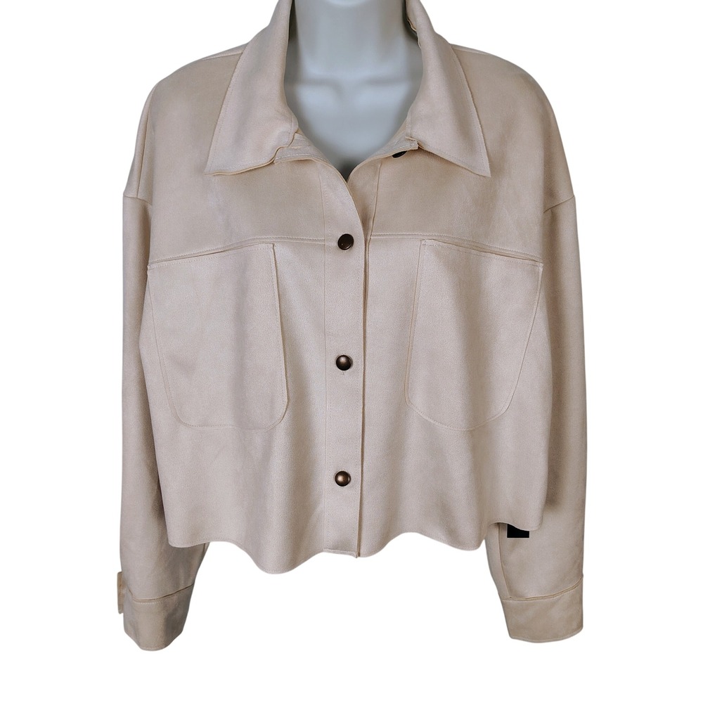 Moa Moa Womens Cream Faux Suede Cropped Shacket Jacket Large